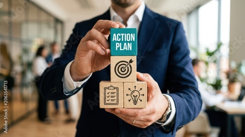 Businessman holding wooden blocks with action plan and strategy icons in office