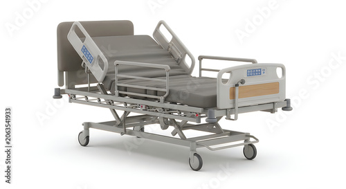Hospital bed with adjustable mattress, modern medical equipment for patient care.