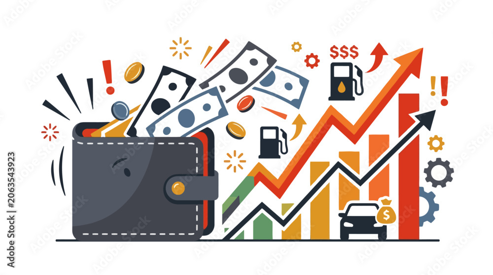 Obraz premium Inflation concept illustration showing wallet with money flying out and rising fuel prices chart. EPS Editable