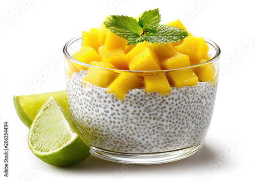 Delicate layered chia seed pudding with creamy yogurt and fresh mango chunks in clear glass jars