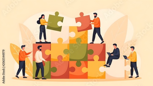 People collaboratively building a large jigsaw puzzle, teamwork concept for business solutions