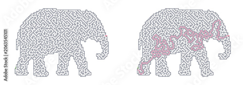 Baby elephant silhouette maze design with pink pathways  
