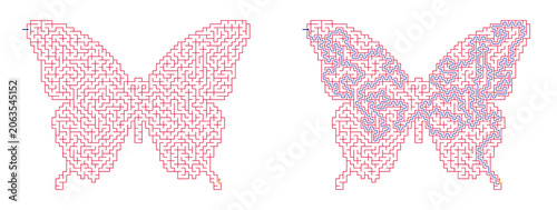 Butterfly silhouette maze design in pink and blue colors  