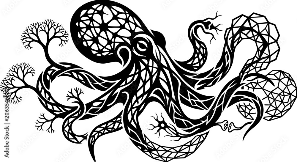 Fototapeta premium Intricate Black Octopus Design with Tree Branches and Geometric Patterns.