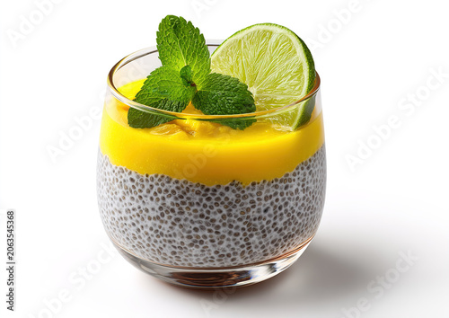 Delicate layered chia seed pudding with creamy yogurt and fresh mango chunks in clear glass jars