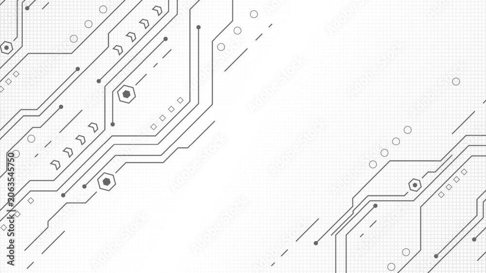 Obraz premium Abstract grey technology background with vector circuit board lines on white grid