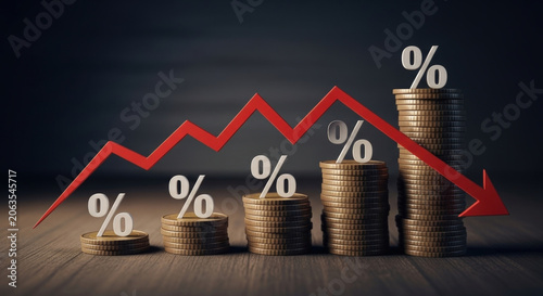 Red downward arrow with percentage symbols on decreasing stacks of coins, representing interest rate cuts or financial loss.