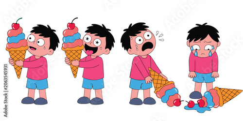 Foto Little boy dropping his ice cream cone in a sequence of funny cartoon emotional