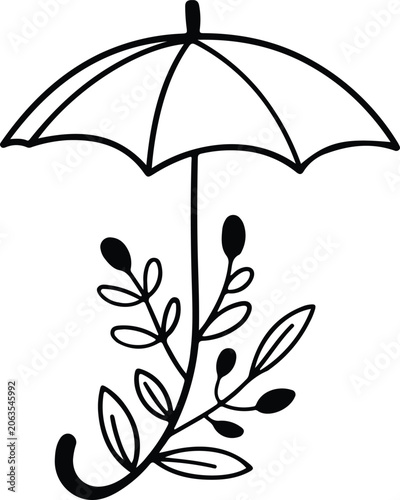 Black line drawing of an umbrella with a leafy branch