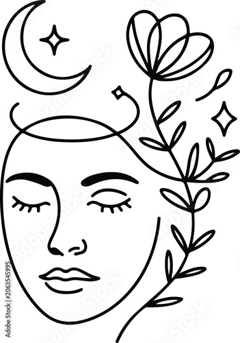 Black line drawing of a face with a crescent moon and stars
