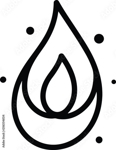 Black line drawing of a teardrop with a flame inside