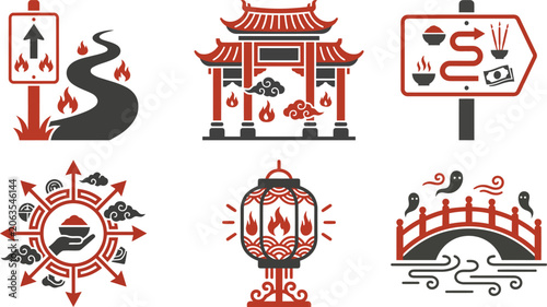 Obraz na płótnie Chinese ghost festival icons featuring ancestral gateway spirit bridge and ritua