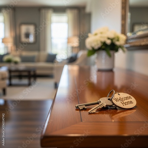 Vintage House Keys with Welcome Home Tag on Wooden Console Table in Warm Foyer