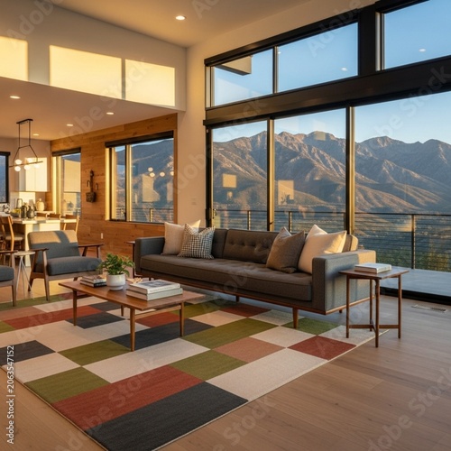 Modern Living Room Interior of Luxury Vacation Rental with Mountain View and Mid-Century Modern Furniture