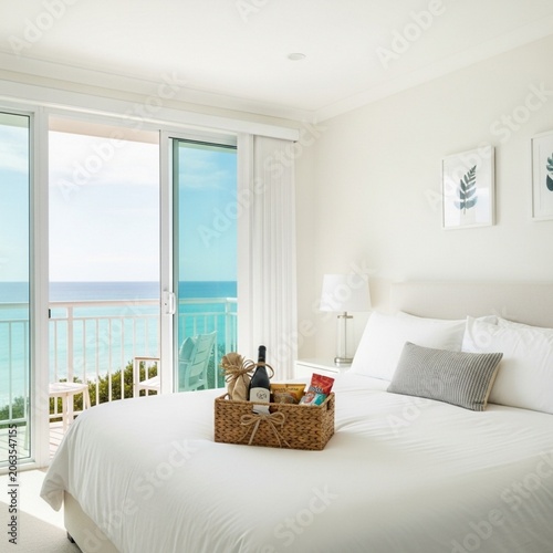 Modern Coastal Master Bedroom with Ocean View Balcony and Welcome Gift Basket on Bed