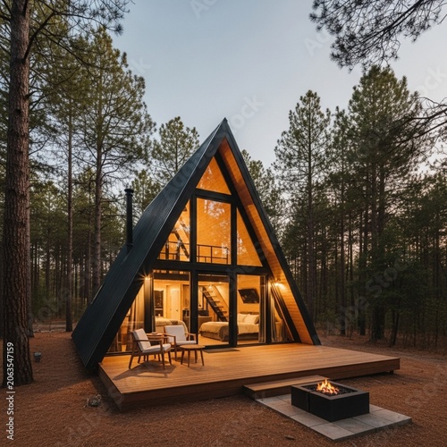 Modern A-Frame Cabin in Pine Forest at Sunset with Glass Facade and Deck