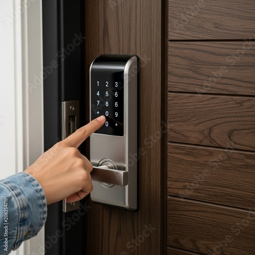Hand of Traveler Entering Digital Code on Modern Smart Lock for Luxury Rental Cottage Entry
