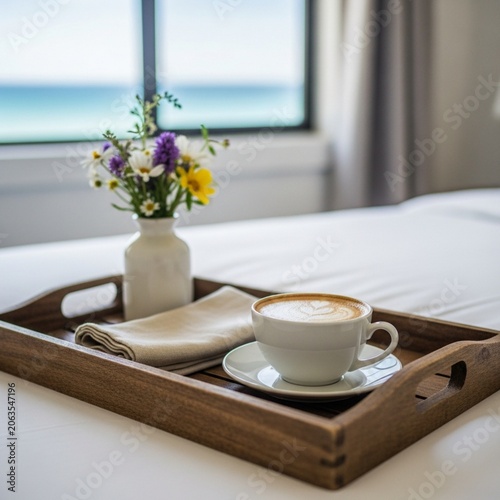 Rustic Wooden Breakfast Tray with Coffee and Wildflowers on a White Bed in a Seaside Rental with Ocean View