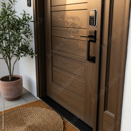 Modern Front Door with Smart Keyless Entry System and Potted Olive Tree for Vacation Rental Home
