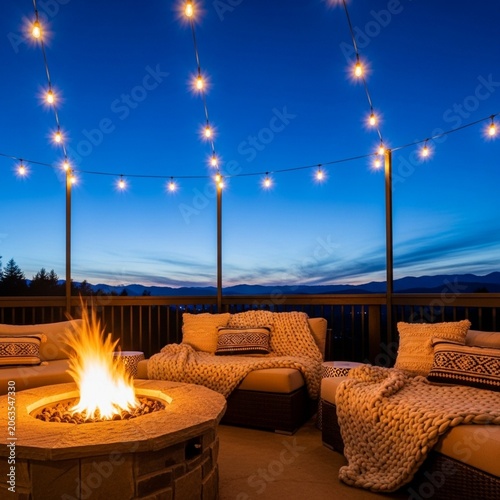 Cozy Mountain Cabin Terrace at Twilight with Fire Pit and Warm String Lights
