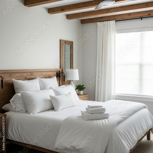 Inviting Boutique Vacation Rental Bedroom with Crisp White Linens and Rustic Wooden Accents