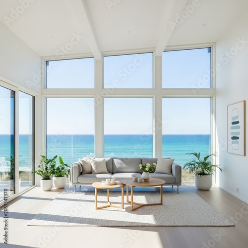 Bright Modern Scandinavian Living Room with Floor-to-Ceiling Windows and Turquoise Ocean View