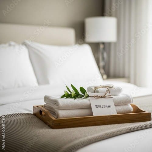 Luxury Boutique Vacation Rental Bedroom with Welcome Tray and Fresh White Linens