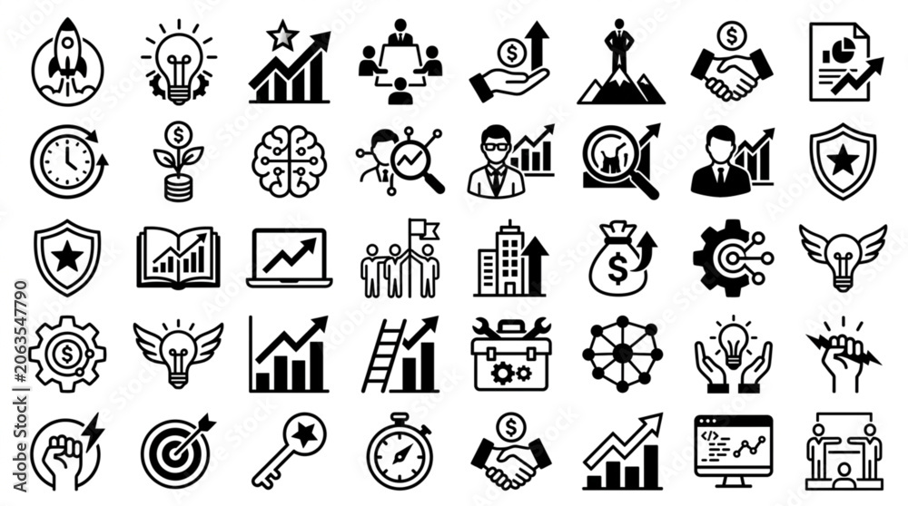 Fototapeta premium Collection of Business and Finance Icons Representing Growth and Success.