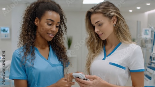 Two diverse female healthcare professionals collaborating and looking at a medical device