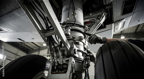 Aviation technician performing essential maintenance on airplane landing gear in a service hangar