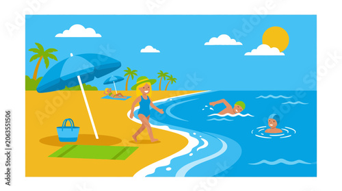 Photos Happy family beach vacation with swimming and sunbathing