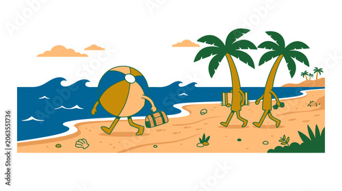Foto Funny beach scene with anthropomorphic beach ball and palm trees on vacation