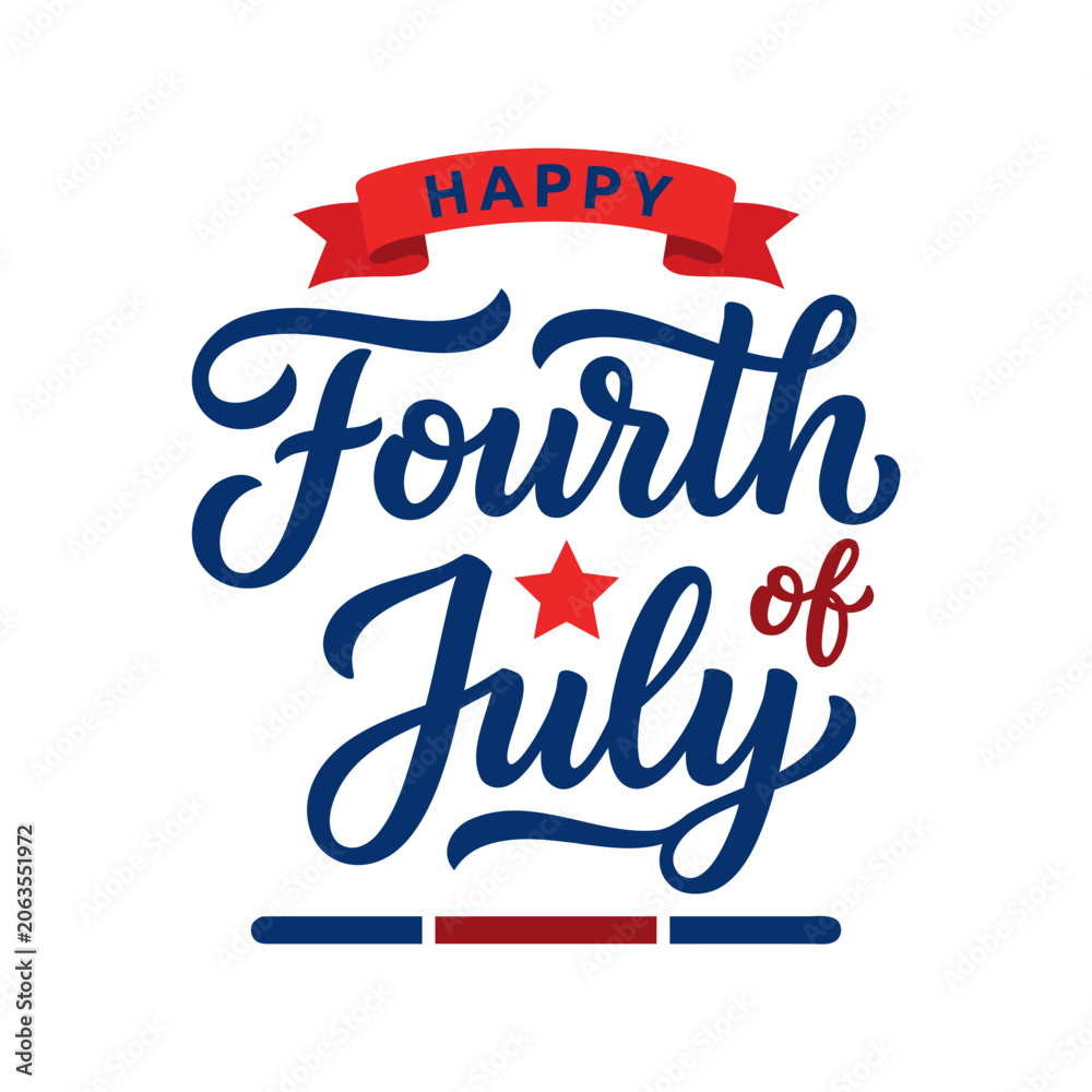 Obraz premium Happy Fourth of July independence day vector illustration featuring elegant cursive typography with red stars and ribbons