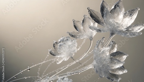 Delicate crystal flower ornament with water droplets on a neutral background