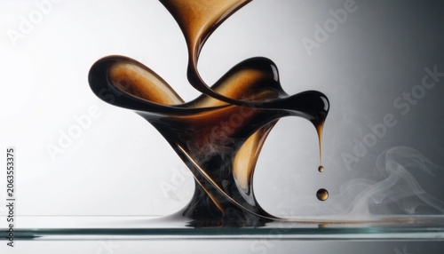 Dark coffee splashing into abstract fluid shapes creating dynamic droplets and steam on a reflective glass table for food design.