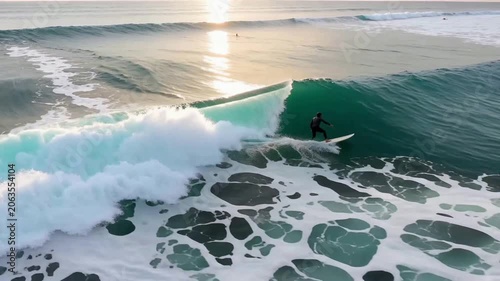 Aerial Drone View of Skilled Surfer Inside a Large Crashing Wave at Sunrise on a Wide Open Ocean Shore