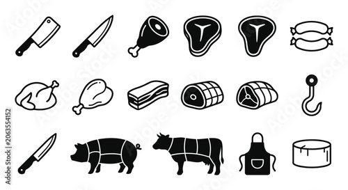 A set of black and white icons featuring various meat products, butcher tools, animals, and related equipment, isolated on a white background for food design.llustrator Artwork