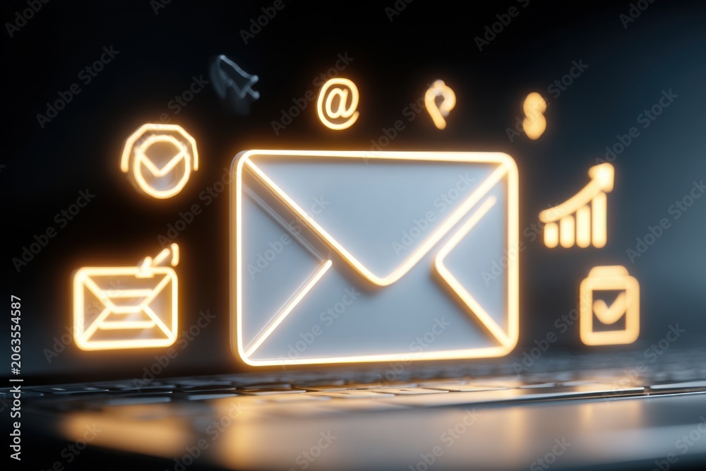 Fototapeta premium Glowing digital email and communication icons with data analysis, notification, and task completion symbols