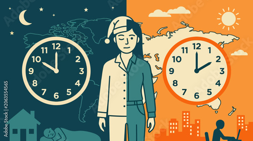Jet lag illustration showing woman split between day and night with clocks world map and time zone differences for global business and remote work concept.