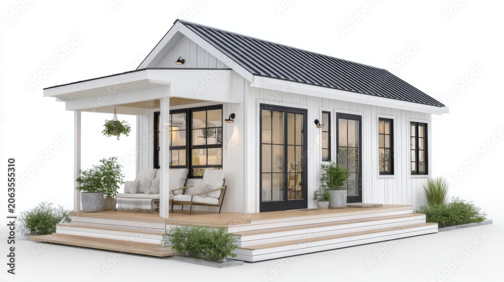 Fototapeta premium Modern White Farmhouse Style Tiny Home with Spacious Porch and Outdoor Seating