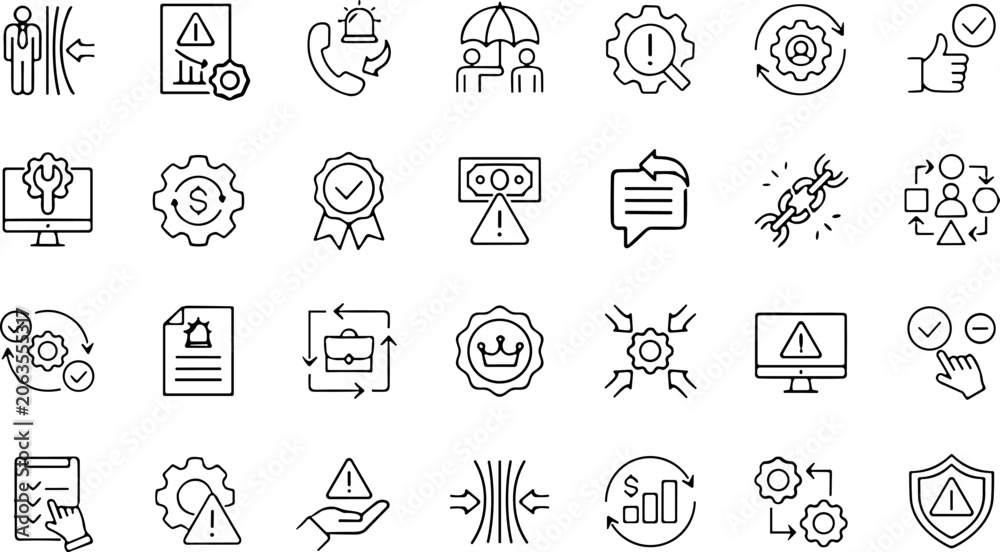 Fototapeta premium Business Continuity and Risk Management Line Icon Set for Crisis Recovery Resilience Planning and Mitigation Strategies