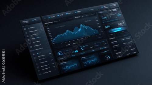 Modern Dark UI Dashboard with Futuristic Blue Financial Data Visualizations