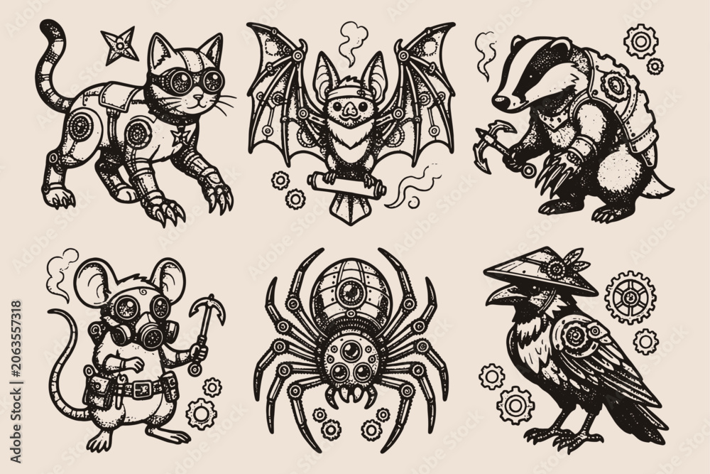 Fototapeta premium Steampunk Mechanical Animal Illustration Set
