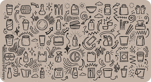 Photography Set of hand drawn plastic and household waste icons describing recycling and env
