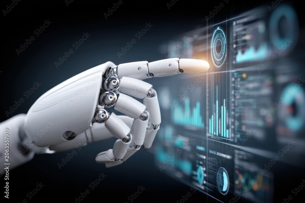 Fototapeta premium Futuristic robotic hand interacting with a complex data analysis interface, symbolizing AI and technology