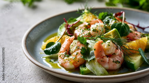 Poached shrimp with shaved fennel avocado citrus and herbs on ivory ceramic plate showcasing low glycemic luxury coastal lunch