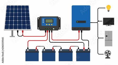 Off-grid solar power system diagram with panels, charge controller, batteries, and inverter providing home energy