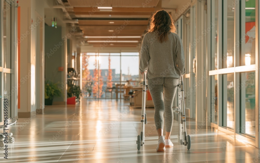 Obraz premium Patient Using Crutches in Bright Rehabilitation Center Hallway with Natural Light and Modern Design