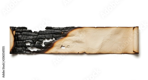 Burnt parchment paper with charred edges and cracked texture on white background