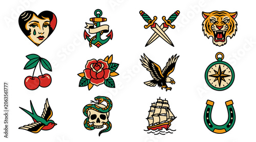Bild auf Leinwand Collection of traditional American tattoo flash icons.